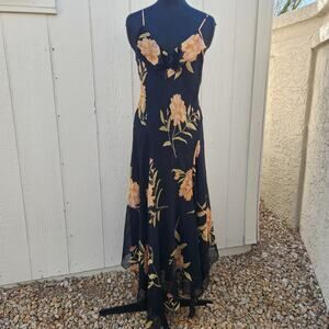Polo Ralph Lauren 100% Silk Black Maxi Dress with Floral Print Size 10